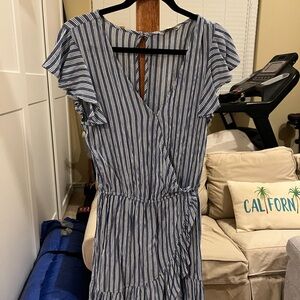 American Eagle Striped Blue and White Wrap Romper Dress
